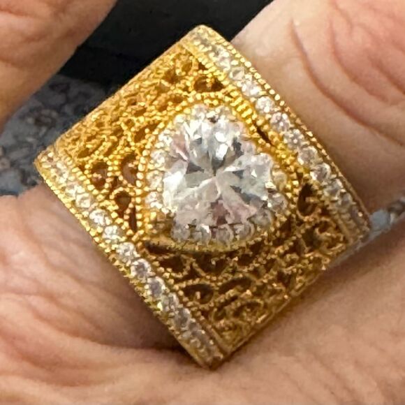 Jewelry - Gold filigree band with heart design and cz heart shaped stone , 14k gold plate